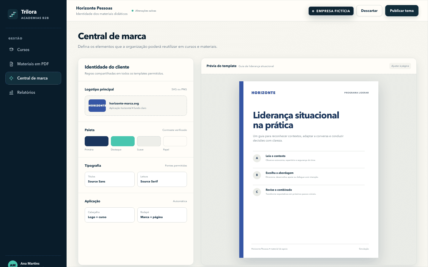 Central de marca fictícia com logo, cores, tipografia e modelo documental disponíveis para um cliente da Trilora.