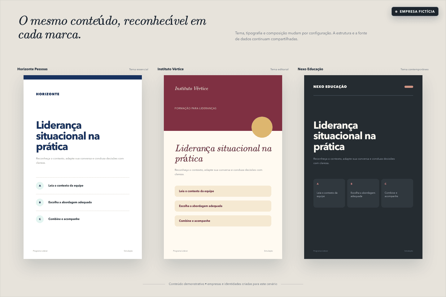 Três capas fictícias apresentam o mesmo conteúdo de curso com cores, logotipos e hierarquias visuais próprios.
