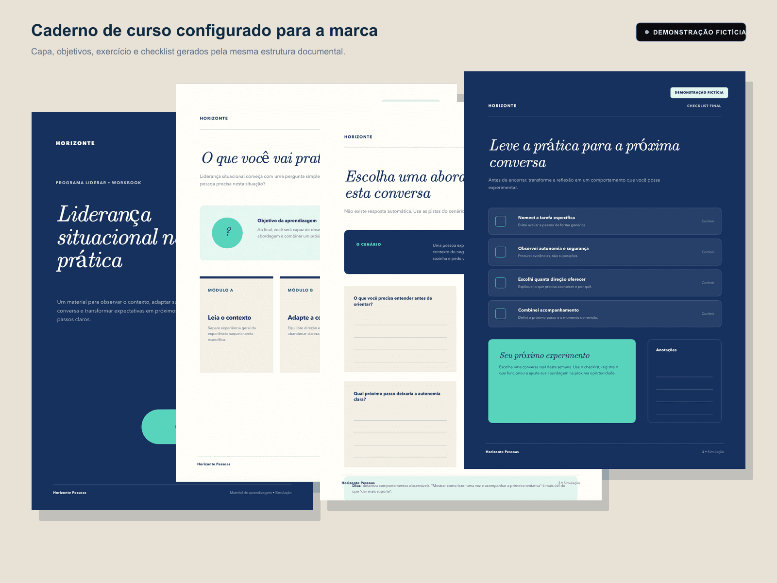 Caderno didático fictício da Trilora com capa, objetivos, módulos, exercício e checklist final em quatro páginas.