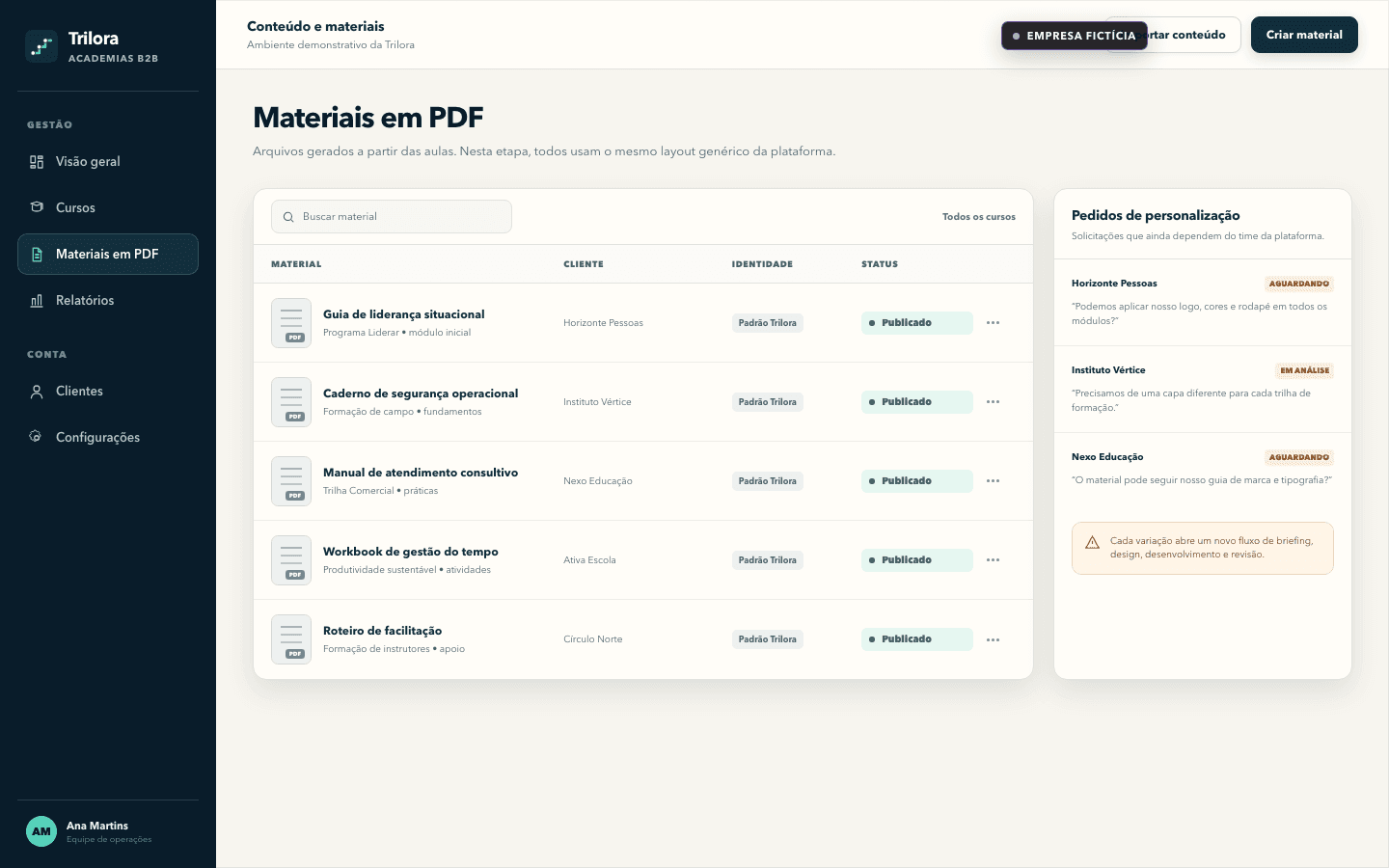 Biblioteca fictícia da Trilora com materiais em PDF usando a mesma aparência genérica para clientes diferentes.