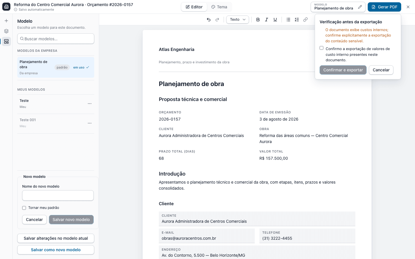 Editor mostrando a verificação de conteúdo sensível antes da exportação em PDF.