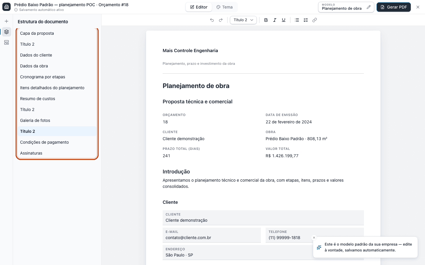 Editor da RhizzaDocs com a estrutura do documento aberta ao lado de um relatório de planejamento de obra.